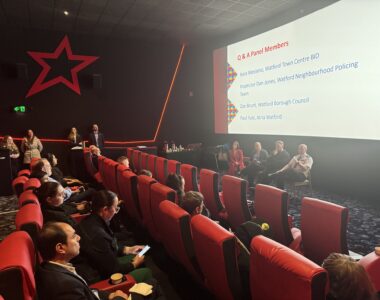 people sat in a cinema watching presenters